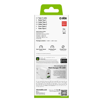 SBS - Kábel USB-C/USB-C, 240 W, Power Delivery, 3 m, biela