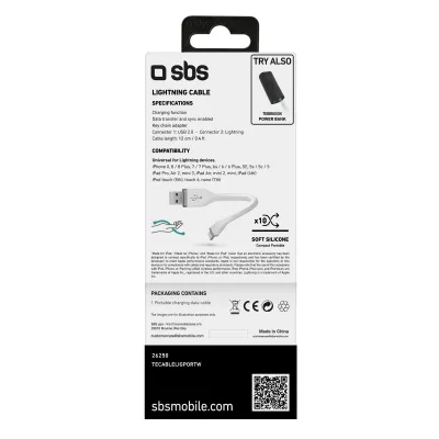 SBS - Kábel USB-A/MFI Lightning, 10 W, s funkciou kľúčenky, 12 cm, biela