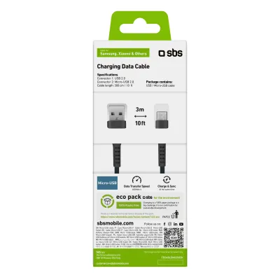 SBS - Kábel USB-A/Micro USB, 5 W, 3 m, čierna