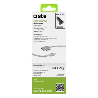 SBS - Kábel USB-A/Micro USB, 5 W, opletený, 1 m, strieborná