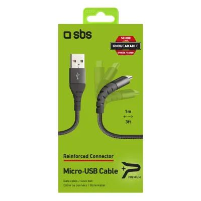 SBS - Kábel USB-A/Micro USB, 5 W, UNBREAKABLE, s vystuženými konektormi, 1 m, čierna