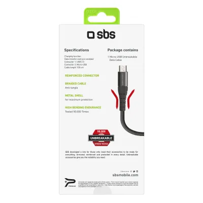SBS - Kábel USB-A/Micro USB, 5 W, UNBREAKABLE, s vystuženými konektormi, 1 m, čierna