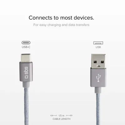 SBS - Kábel USB-C/USB-A, 18 W, opletený, 1,5 m, strieborná