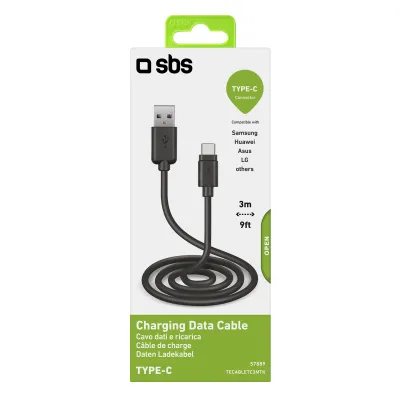 SBS - Kábel USB-C/USB-A, 18 W, 3 m, čierna