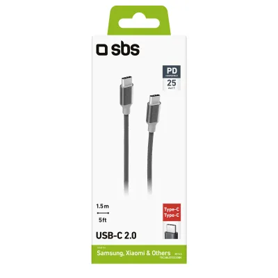 SBS - Kábel USB-C/USB-C, 25 W, Power Delivery, opletený, 1,5 m, čierna