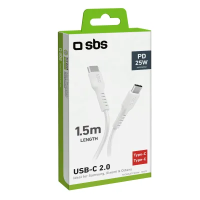 SBS - Kábel USB-C/USB-C, 25 W, Power Delivery, 1,5 m, biela