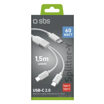 SBS - Rozdeľovací kábel 3x USB-C, 60 W, 1,5 m, biela
