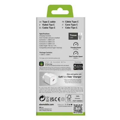 SBS - Rozdeľovací kábel 3x USB-C, 60 W, 1,5 m, biela