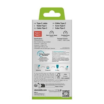 SBS - Kábel Eco USB-C/USB-C, 60 W, 1,5 m, biela
