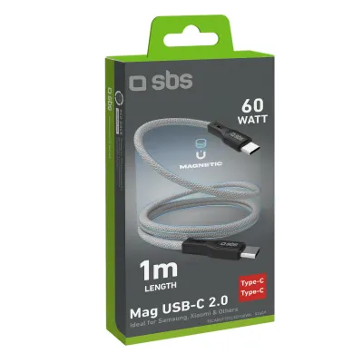 SBS - Kábel USB-C/USB-C, 60 W, magnetický, 1 m, šedá