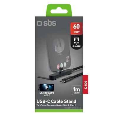 SBS - Kábel USB-C s funkciou stojanu, otočný konektor, 60 W, 1 m, čierna