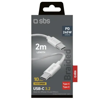SBS - Kábel USB-C/USB-C, 240 W, Power Delivery, opletený, 2 m, biela