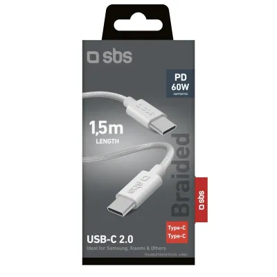 SBS - Kábel USB-C/USB-C, 60 W, Power Delivery, opletený, 2 m, biela