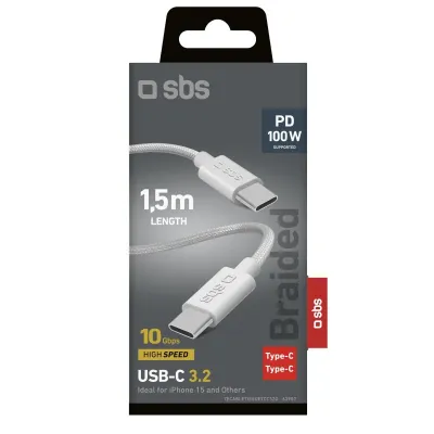 SBS - Kábel USB-C/USB-C, 100 W, Power Delivery, opletený, 1,5 m, biela