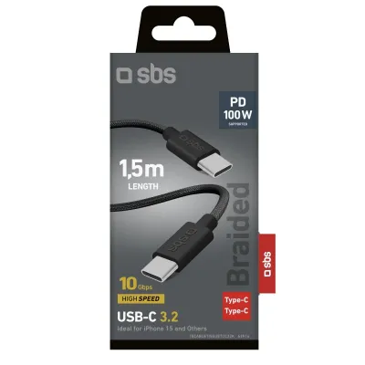 SBS - Kábel USB-C/USB-C, 100 W, Power Delivery, opletený, 1,5 m, čierna
