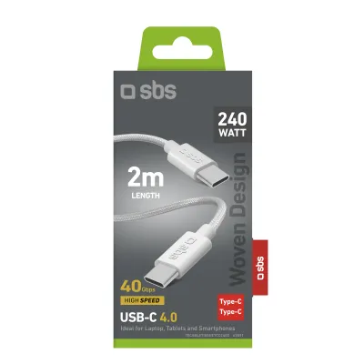 SBS - Kábel USB-C/USB-C, 240 W, PD, High Speed, opletený, biela