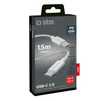 SBS - Kábel USB-C/USB-C, 60 W, Power Delivery, opletený, 1,5 m, šedá