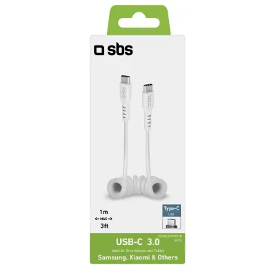 SBS - Kábel USB-C/USB-C, 25 W, špirálový, 1 m, biela