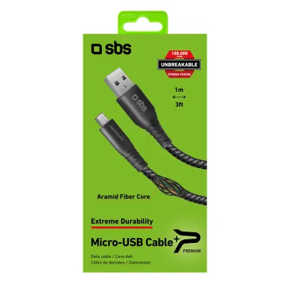 SBS - Kábel USB-A/Micro USB, 5 W, UNBREAKABLE, z aramidového vlákna, 1 m, čierna