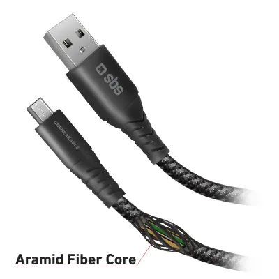 SBS - Kábel USB-A/Micro USB, 5 W, UNBREAKABLE, z aramidového vlákna, 1 m, čierna