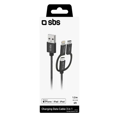 SBS - Kábel USB-A/USB-C/Lightning/Micro-USB 3 v 1, 1,2 m, čierna
