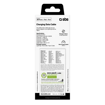 SBS - Kábel USB-A/USB-C/Lightning/Micro-USB 3 v 1, 1,2 m, čierna