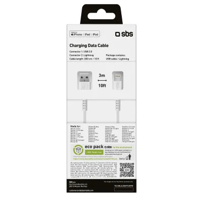 SBS - Kábel USB-A/MFI Lightning, 10 W, 3 m, biela