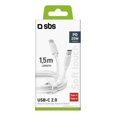 SBS - Kábel USB-C/USB-C, 25 W, Powe Delivery, Polo, silikónový, 1,5 m, biela
