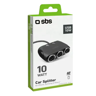 SBS - Rozdeľovací nabíjací autoadaptér 3x zásuvka zapaľovača cigariet/2x USB-A 12 W, čierna
