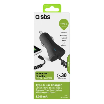 SBS - Autonabíjačka USB-C, 2,1 A, čierna
