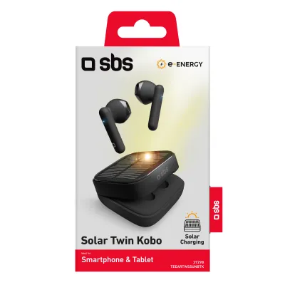 SBS - Bezdrôtové slúchadlá TWS Solar Twin Kobo s nabíjacím puzdrom 300 mAh, čierna