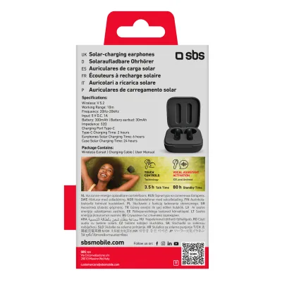 SBS - Bezdrôtové slúchadlá TWS Solar Twin Kobo s nabíjacím puzdrom 300 mAh, čierna