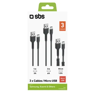 SBS - Sada troch káblov USB-A/Micro USB, 10 W, čierna