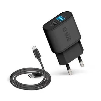 SBS - Cestovná nabíjacia sada 2xUSB-A, USB-A/USB-C, 2,1 A/1 A, čierna
