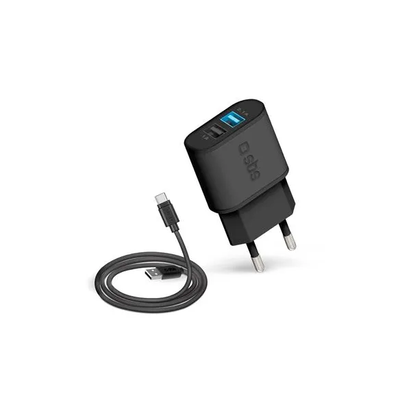 SBS - Cestovná nabíjacia sada 2xUSB-A, USB-A/USB-C, 2,1 A/1 A, čierna