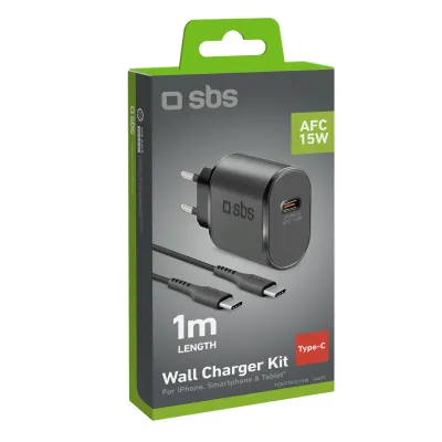 SBS - Cestovná nabíjacia sada USB-C 15 W, kábel USB-C/USB-C, 1 m, čierna