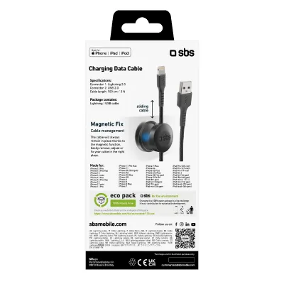SBS - Kábel USB-A/MFI Lightning, 10 W, s magnetickým držiakom, 2 m, čierna