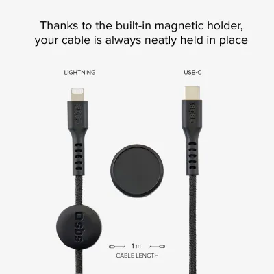 SBS - Kábel USB-C/MFI Lightning 18 W, s magnetickým držiakom, 2 m, čierna