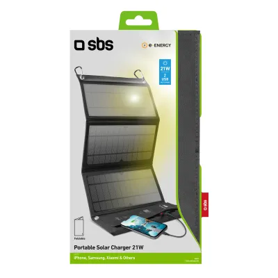 SBS - Prenosná solárna nabíjačka, 2x USB-A, 21 W, čierna