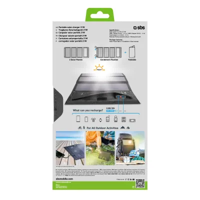 SBS - Prenosná solárna nabíjačka, 2x USB-A, 21 W, čierna