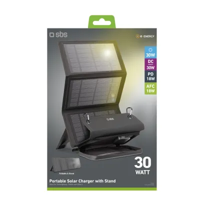 SBS - Prenosná solárna nabíjačka, USB-C/USB-A/DC port, PD, 30 W, čierna