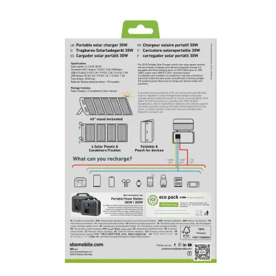 SBS - Prenosná solárna nabíjačka, USB-C/USB-A/DC port, PD, 30 W, čierna