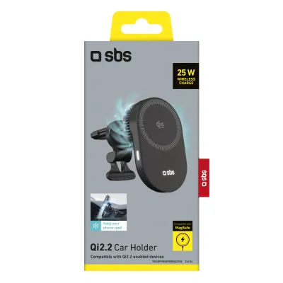 SBS - Držiak do auta s bezdrôtovým nabíjaním, Qi2.2, 25 W, kompatibilný s MagSafe, do mriežky, čierna