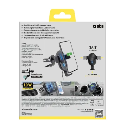 SBS - Držiak do auta Gravity s bezdrôtovým nabíjaním, do mriežky, 10 W, čierna