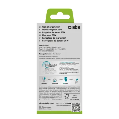 SBS - Cestovný adaptér Eco USB-C, 25 W, PD, svetlá modrá