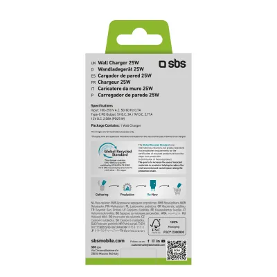 SBS - Cestovný adaptér Eco USB-C, 25 W, PD, svetlá zelená