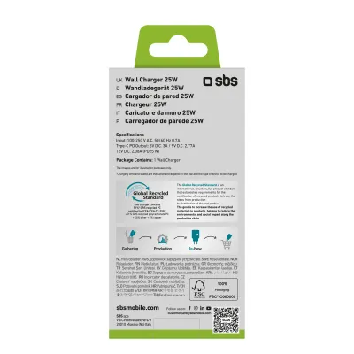 SBS - Cestovný adaptér Eco USB-C, 25 W, PD, biela