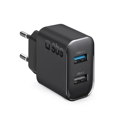 SBS - Cestovný adaptér s rýchlym nabíjaním 2xUSB-A, 10 W, 2,1 A/1 A, 100/250V, čierna
