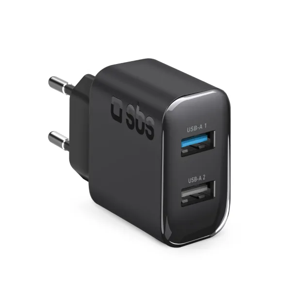 SBS - Cestovný adaptér s rýchlym nabíjaním 2xUSB-A, 10 W, 2,1 A/1 A, 100/250V, čierna