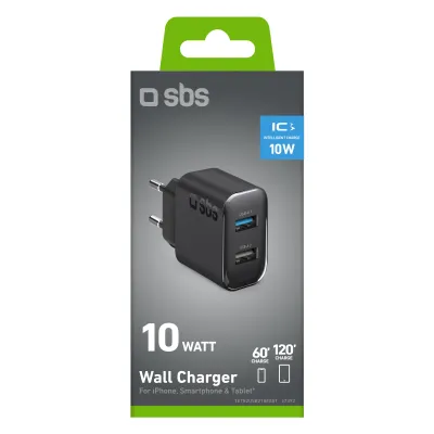 SBS - Cestovný adaptér s rýchlym nabíjaním 2xUSB-A, 10 W, 2,1 A/1 A, 100/250V, čierna